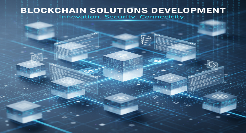 Blockchain solutions development with secure data blocks, smart contracts, and digital network integration emphasizing innovation, security, and connectivity.