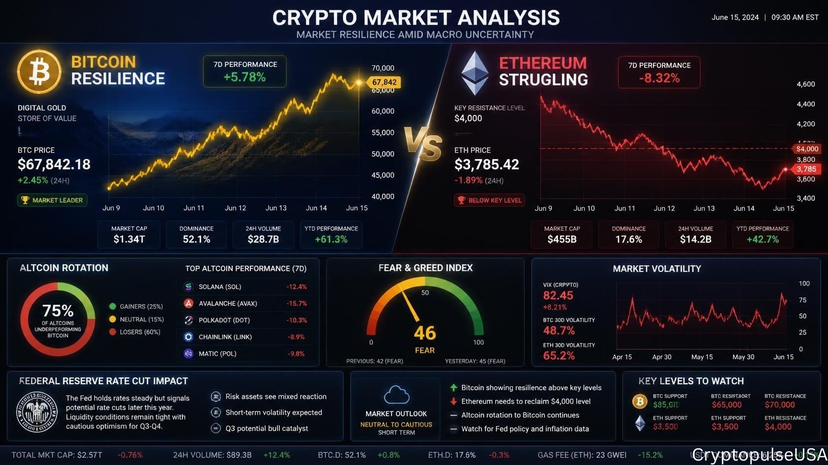 "Crypto Market Analysis 2025 dashboard showing Bitcoin resilience with upward chart, Ethereum decline below $4000, Fear and Greed Index at 46, and altcoin performance metrics"