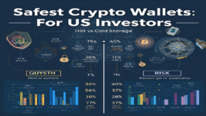 Infographic comparing safest crypto wallets for US investors in 2025, highlighting hot vs cold storage, security risks, pros, cons, and usage statistics.