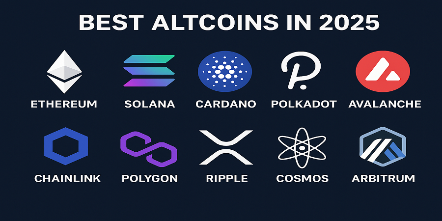 Best Altcoins in 2025 – Logos of Ethereum, Solana, Cardano, Polkadot, Avalanche, Chainlink, Polygon, Ripple, Cosmos, and Arbitrum displayed together on a dark background.