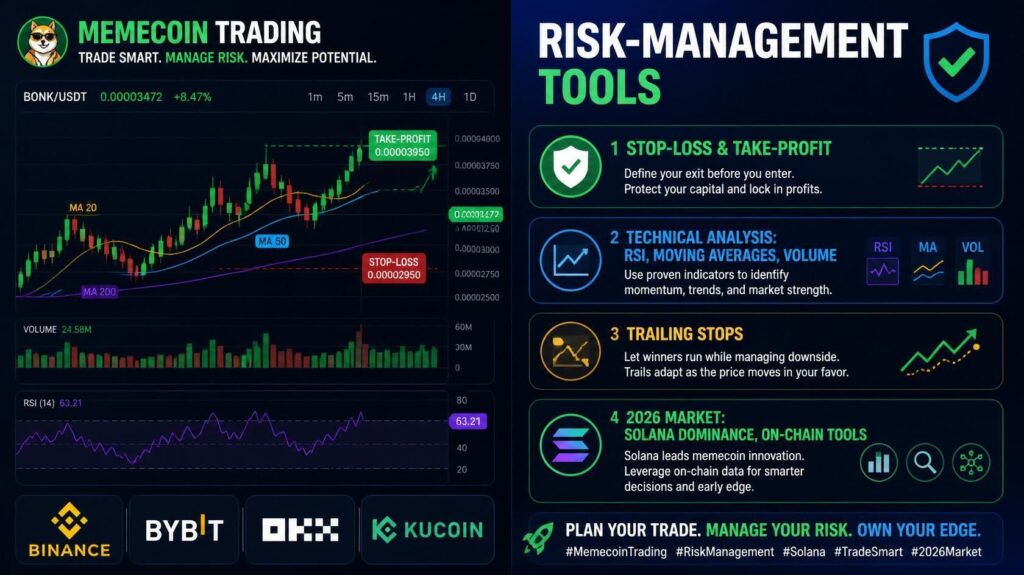 "Memecoin trading risk-management infographic showing trading charts with stop-loss and take-profit indicators, technical analysis tools including RSI and moving averages, and key information about exchange platforms and 2026 market trends"