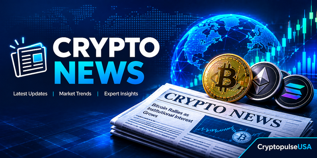 Crypto News banner featuring Bitcoin, Ethereum, Solana, market charts, a digital globe, and CryptopulseUSA branding.
