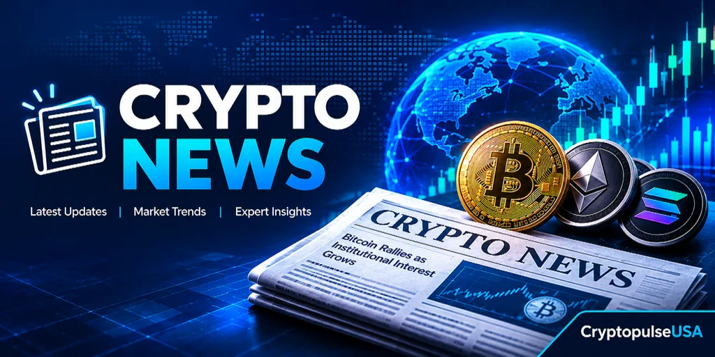 Crypto News banner featuring Bitcoin, Ethereum, Solana, market charts, a digital globe, and CryptopulseUSA branding.