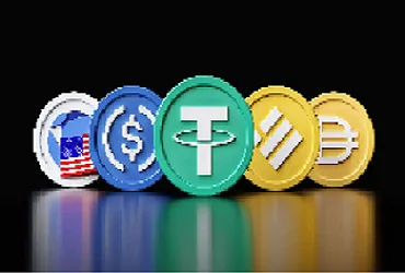  “Illustration of stablecoins represented by cryptocurrency coins, including dollar-backed and Tether-style symbols, highlighting crypto stability and maintaining a price peg.”