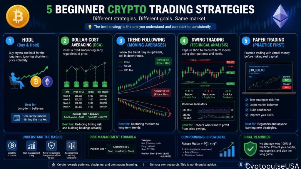 Dark blue infographic showing 5 beginner crypto trading strategies: HODL with Bitcoin/Ethereum logos, Dollar-Cost Averaging with candlestick charts, trend following with moving averages, swing trading with technical indicators, and paper trading concept. Includes price charts and directional arrows.