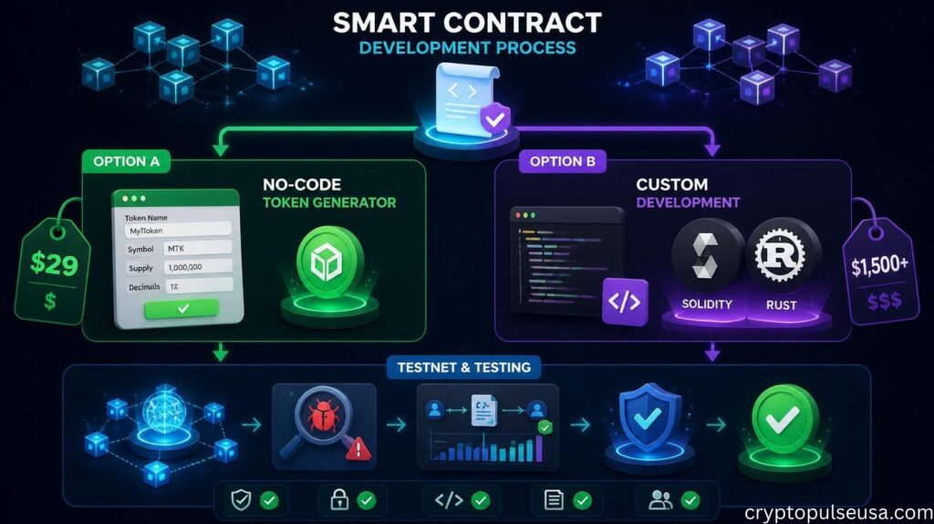 How to make a crypto coin: smart contract development guide comparing no-code generators and custom coding with testnet testing workflow