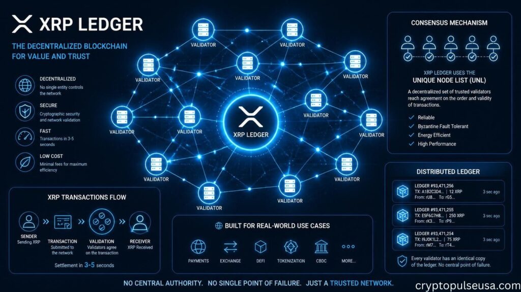 "XRP Ledger decentralized blockchain network diagram showing consensus validator nodes connected around XRP logo"