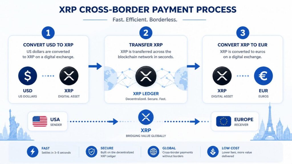 Learn how XRP enables fast cross-border payments. See how Ripple converts USD to XRP, transfers across the ledger, and converts to EUR in seconds