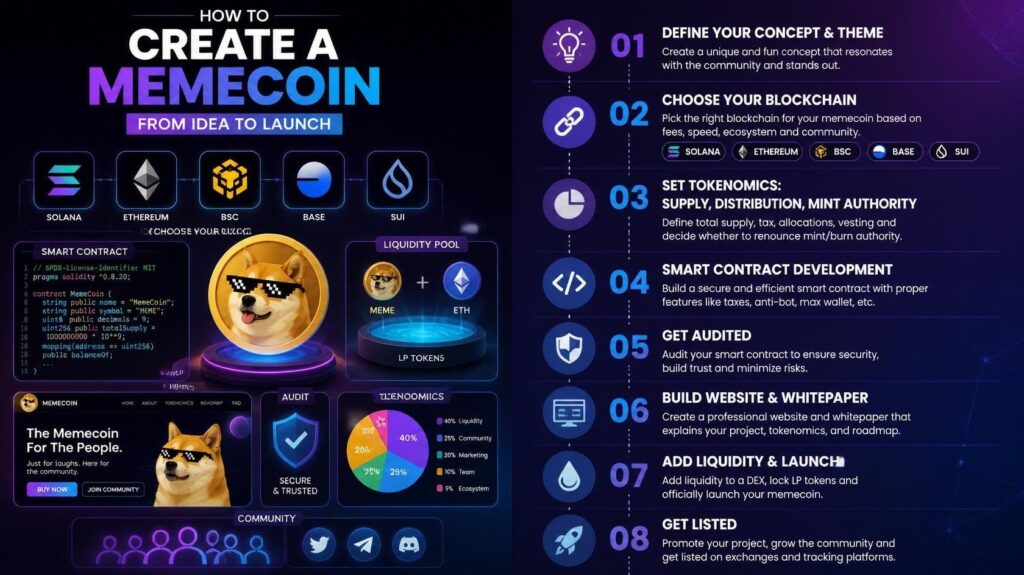 "how to make a meme coin guide infographic showing blockchain platform icons including Solana, Ethereum, and BSC, alongside key steps: define concept and theme, choose blockchain, set tokenomics, smart contract development, get audited, build website and whitepaper, add liquidity and launch, and get listed on exchange