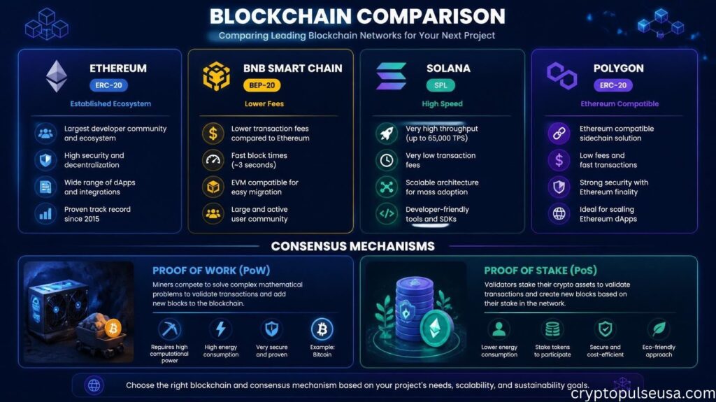 Infographic guide showing how to make a crypto coin: blockchain comparison chart featuring Ethereum, BNB Smart Chain, Solana, and Polygon with token standards, plus consensus mechanism explanations for Proof of Work and Proof of Stake