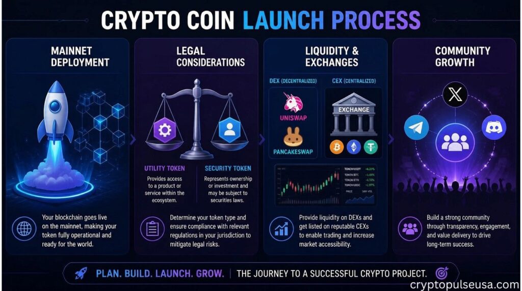 How to make a crypto coin: horizontal guide covering deployment, legal compliance, exchange listings, and community building for cryptocurrency launch