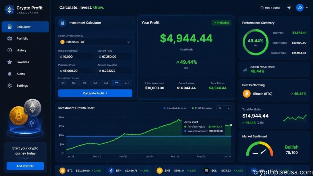 "Crypto profit calculator interface with digital dashboard displaying profit calculations, percentage gains, and cryptocurrency performance charts"