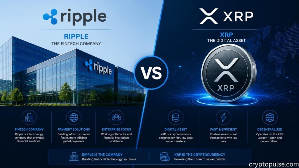 "Ripple vs XRP comparison infographic showing Ripple company headquarters on left and XRP cryptocurrency coin on right"