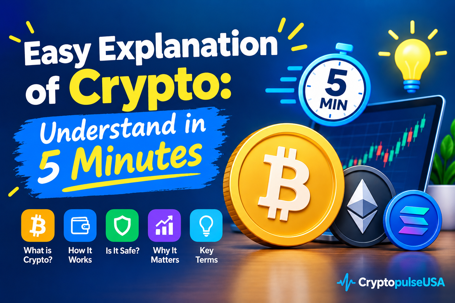 “Easy explanation of cryptocurrency in 5 minutes featuring Bitcoin, Ethereum, Solana, crypto charts, key concepts, and CryptopulseUSA.”