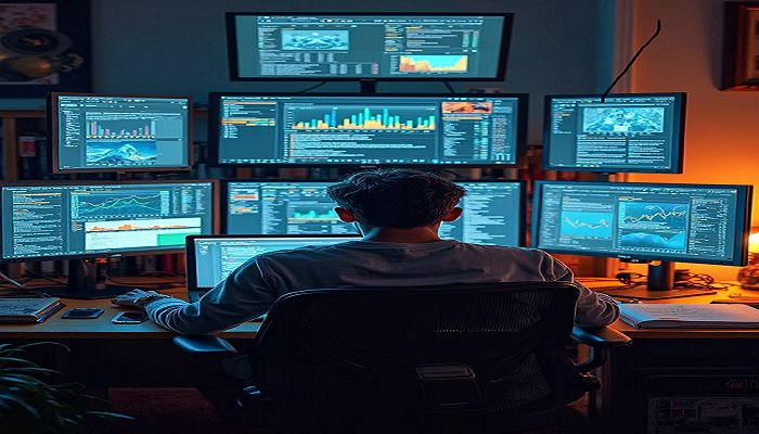 Person monitoring multiple cryptocurrency news and analytics dashboards on multiple screens