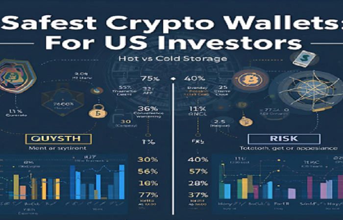 Infographic comparing safest crypto wallets for US investors in 2025, highlighting hot vs cold storage, security risks, pros, cons, and usage statistics.